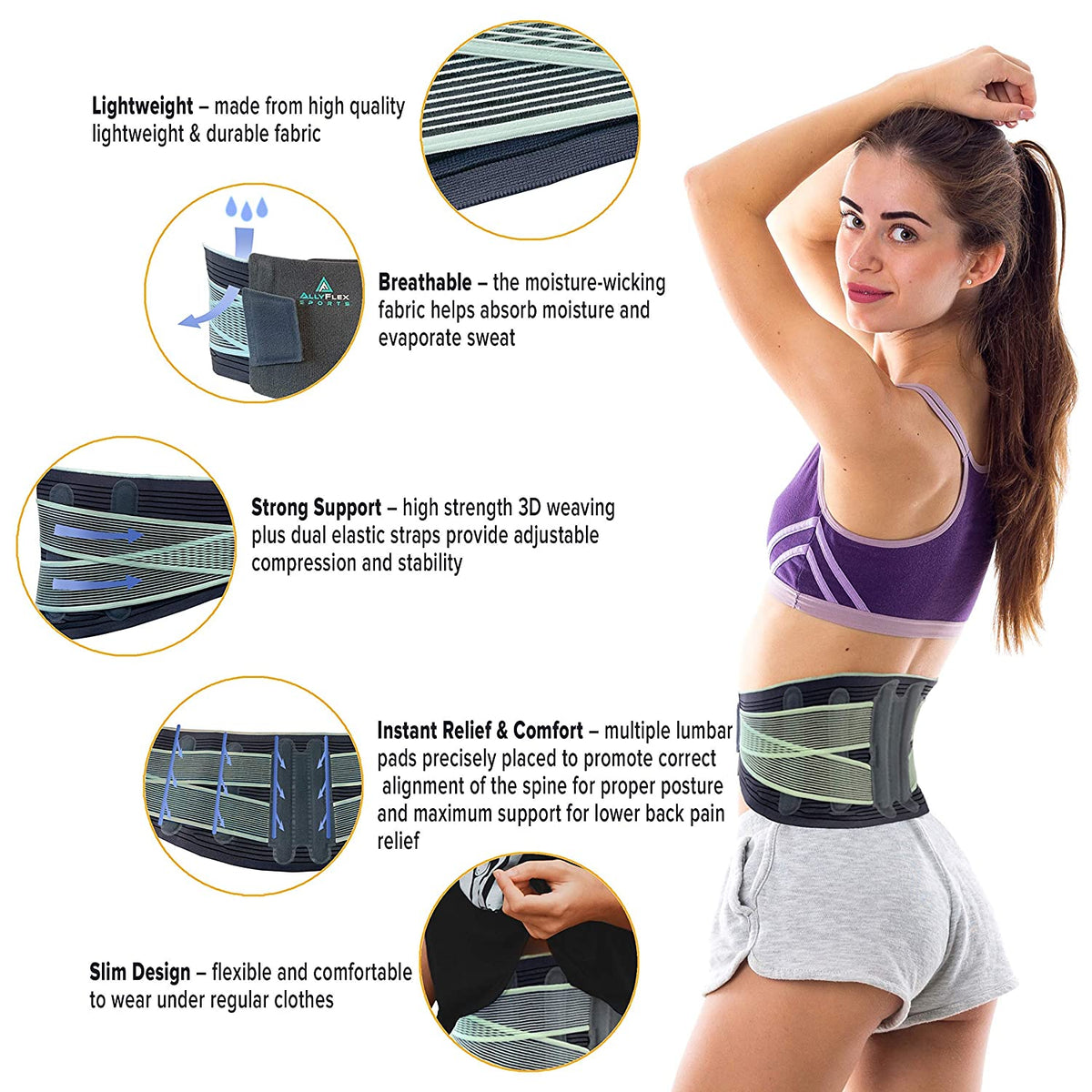 AllyFlex Sports® Women's Lumbar Support Belt: Slim Fit, Breathable, Pain Relief